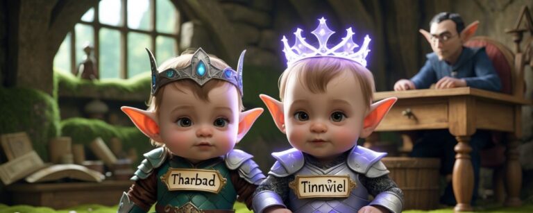Zwei Elfenbabys in Fantasierüstung sitzen auf einer moosigen Lichtung. Eines trägt eine goldene Krone mit dem Namensschild „Tinnúviel“, das andere ein Schild mit der Aufschrift „Tharbad“. Im Hintergrund sitzt ein mittelalterlicher Schreiber an einem Holzpult, sichtlich überfordert, umgeben von Schriftrollen.