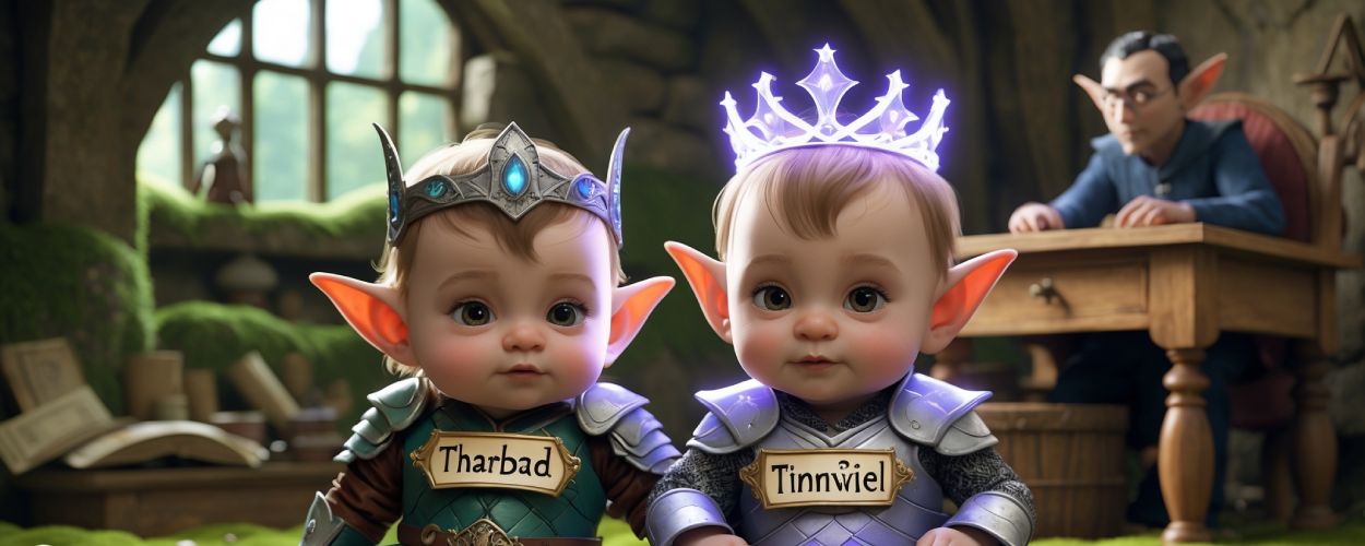 Zwei Elfenbabys in Fantasierüstung sitzen auf einer moosigen Lichtung. Eines trägt eine goldene Krone mit dem Namensschild „Tinnúviel“, das andere ein Schild mit der Aufschrift „Tharbad“. Im Hintergrund sitzt ein mittelalterlicher Schreiber an einem Holzpult, sichtlich überfordert, umgeben von Schriftrollen.
