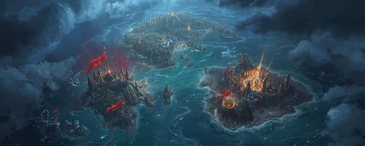 Fantastische Ozeanwelt mit aufragenden Inselstädten, leuchtenden Festungen und roten Bannern – Szenario aus Endless Legend 2.