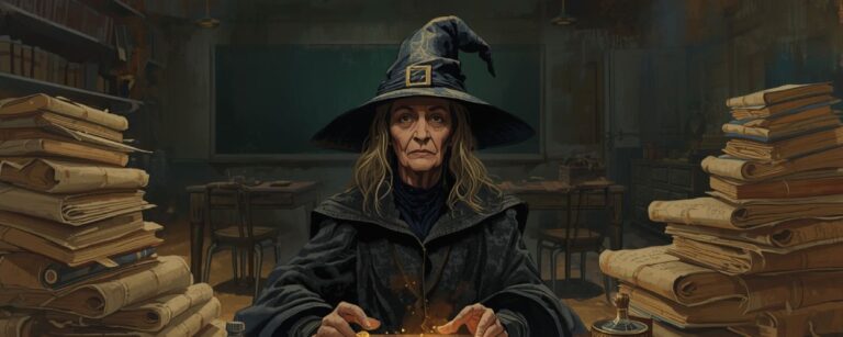 Satirische Fantasy-Illustration: Eine alte Magistra in dunklen Hexengewändern sitzt in einem verfallenen Klassenzimmer. Vor ihr eine Truhe voller Goldmünzen, links und rechts meterhohe Stapel alter Schriftrollen. Um sie herum geheimnisvolle Flaschen mit Elixieren. Die Szene parodiert den Fall der seit 16 Jahren krankgeschriebenen Lehrerin aus Duisburg.