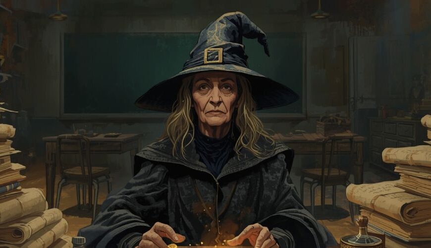 Satirische Fantasy-Illustration: Eine alte Magistra in dunklen Hexengewändern sitzt in einem verfallenen Klassenzimmer. Vor ihr eine Truhe voller Goldmünzen, links und rechts meterhohe Stapel alter Schriftrollen. Um sie herum geheimnisvolle Flaschen mit Elixieren. Die Szene parodiert den Fall der seit 16 Jahren krankgeschriebenen Lehrerin aus Duisburg.