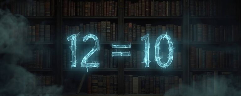 Leuchtende magische Schriftzeichen ‚12 = 10‘ schweben in eisblauem Licht vor einem alten Bücherregal, umgeben von Nebelschwaden – Symbol für die absurde MSN-Mathematik.