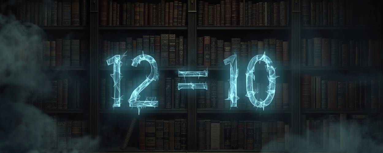 Leuchtende magische Schriftzeichen ‚12 = 10‘ schweben in eisblauem Licht vor einem alten Bücherregal, umgeben von Nebelschwaden – Symbol für die absurde MSN-Mathematik.