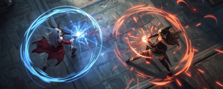 Zwei Heldinnen liefern sich ein taktisches Duell auf einem Schlachtfeld – blaue und rote Magie-Kreise prallen aufeinander. Szene aus Fantasy Maiden Wars.