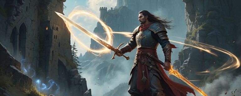 Ein mittelalterlicher Fantasy-Krieger mit flammendem Schwert wirkt einen Zauber in einer alpinen Bergschlucht vor einer verfallenen Festung – visuelle Hommage an Dark Messiah und klassische RPG-Ästhetik.