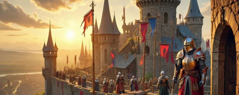 Epische Fantasy-Szene einer mittelalterlichen Burg bei Sonnenuntergang, mit detailreicher Architektur, wehenden Bannern und schwer gerüsteten Rittern auf den Zinnen, im Stil von Final Fantasy Tactics.