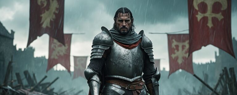 Ein düsterer Ritter in verziertem Harnisch steht auf einem vom Krieg gezeichneten Schlachtfeld. Regen fällt, rote Banner wehen – Ivalice in all seiner tragischen Pracht.