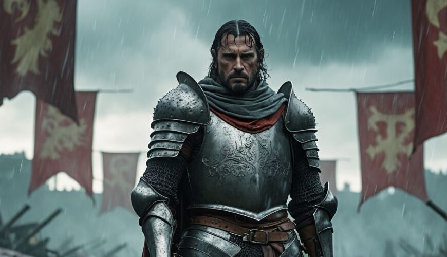 Ein düsterer Ritter in verziertem Harnisch steht auf einem vom Krieg gezeichneten Schlachtfeld. Regen fällt, rote Banner wehen – Ivalice in all seiner tragischen Pracht.