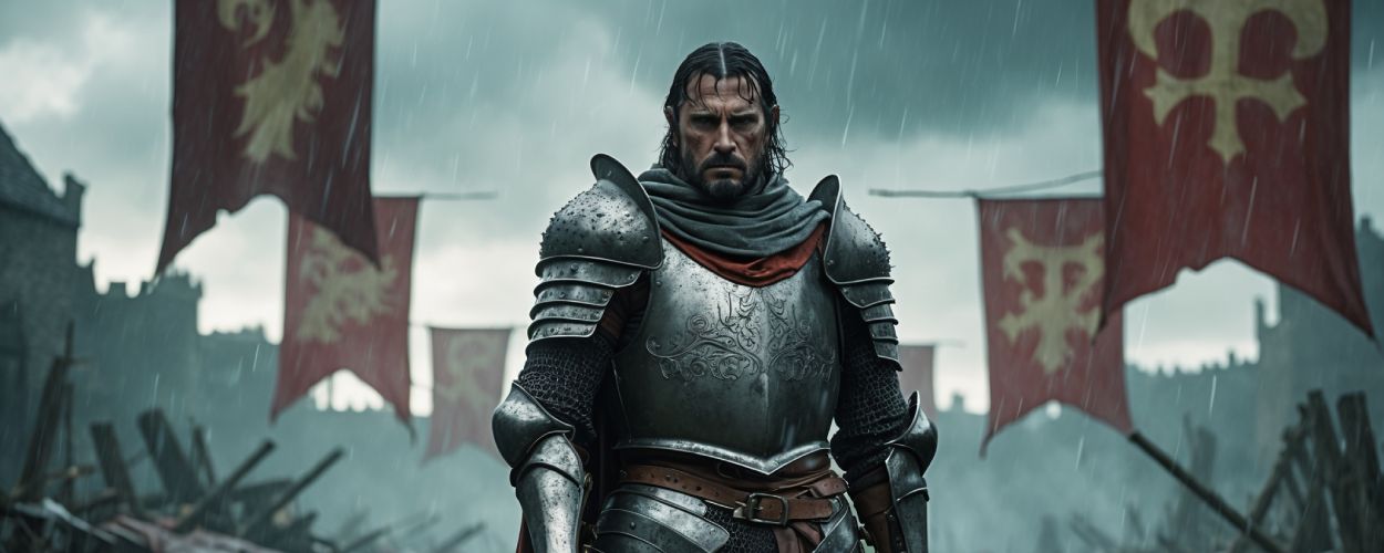 Ein düsterer Ritter in verziertem Harnisch steht auf einem vom Krieg gezeichneten Schlachtfeld. Regen fällt, rote Banner wehen – Ivalice in all seiner tragischen Pracht.