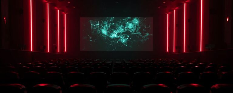 Realistische Kinoaufnahme mit roten Neonlichtern und flackernder Leinwand – Gen g im Wolf Kino Berlin.
