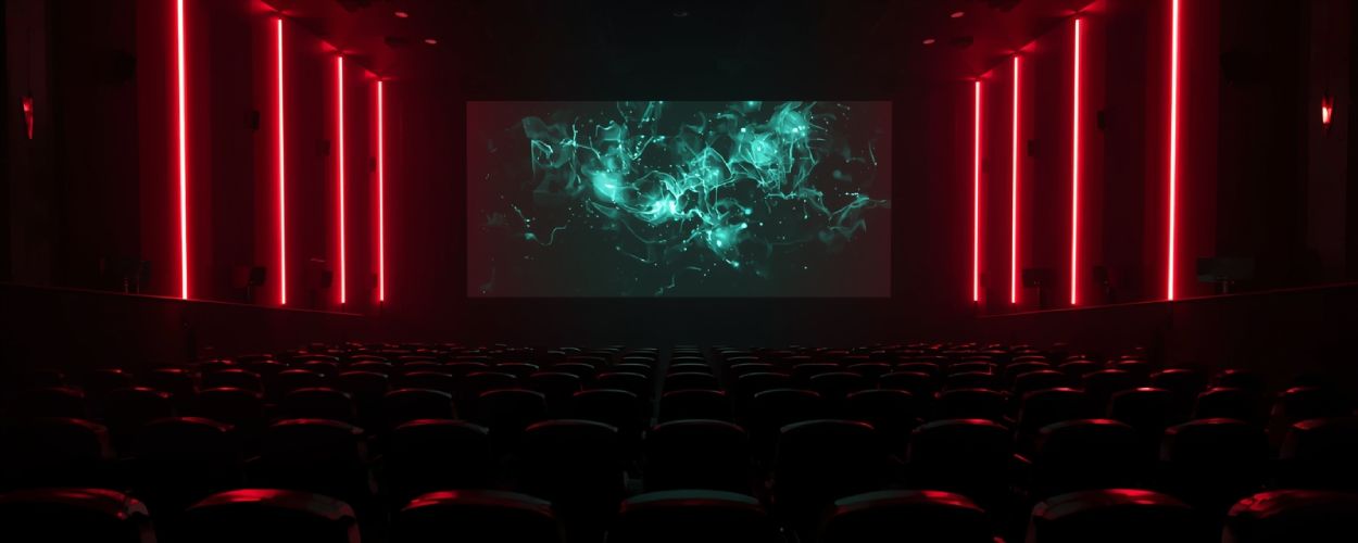 Realistische Kinoaufnahme mit roten Neonlichtern und flackernder Leinwand – Gen g im Wolf Kino Berlin.