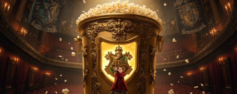 Gigantischer goldener Harry-Potter-Popcorneimer mit Hogwarts-Wappen, überfüllt mit Popcorn, im festlich geschmückten Kinosaal – satirisches Symbol für das neue Merchandise von Harkins Theatres.