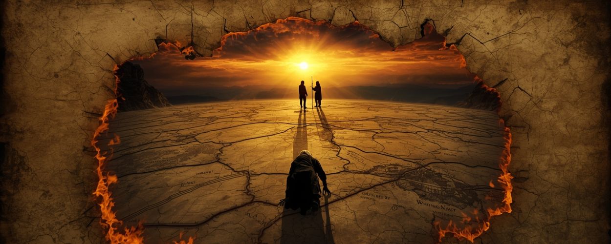 Gollum kriecht über eine brennende Karte von Mittelerde, im Hintergrund stehen Gandalf und Frodo im Licht der aufgehenden Sonne – ein Symbol für Rückkehr und Schatten zugleich.