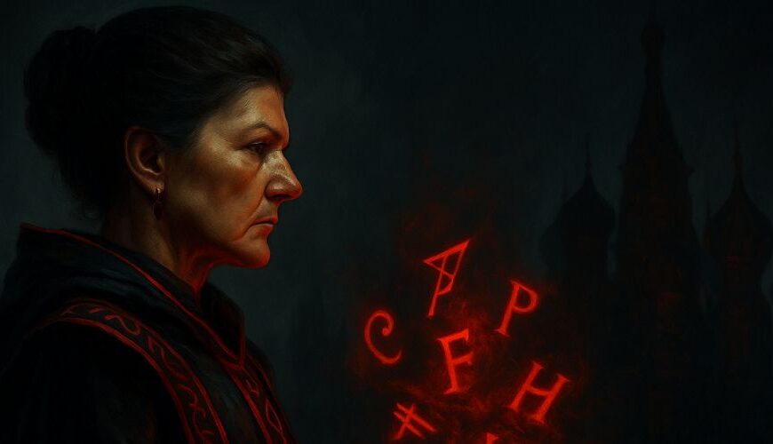 Satirisches Fantasy-Porträt von Sahra Wagenknecht als düstere Hexenfürstin in schwarzem und rotem Gewand, stehend auf einem blutroten Teppich, hinter ihr scheinen unheilvolle Silhouetten und glühende Runen aus dem Osten.
