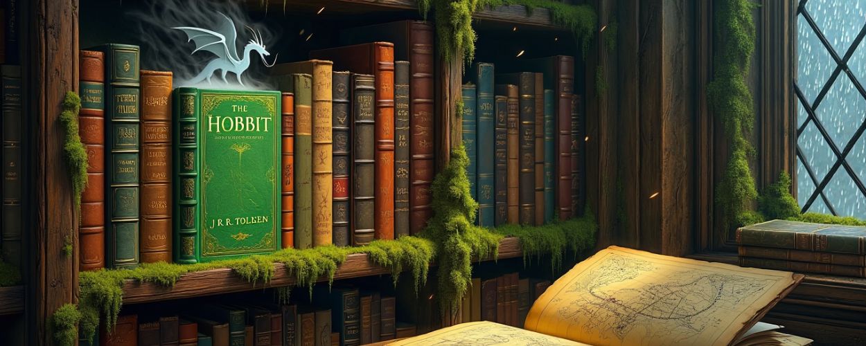 Eine Frau hält eine seltene grüne Hobbit-Erstausgabe vor einem Bücherregal – ein literarischer Schatz mit Sammlerwert.