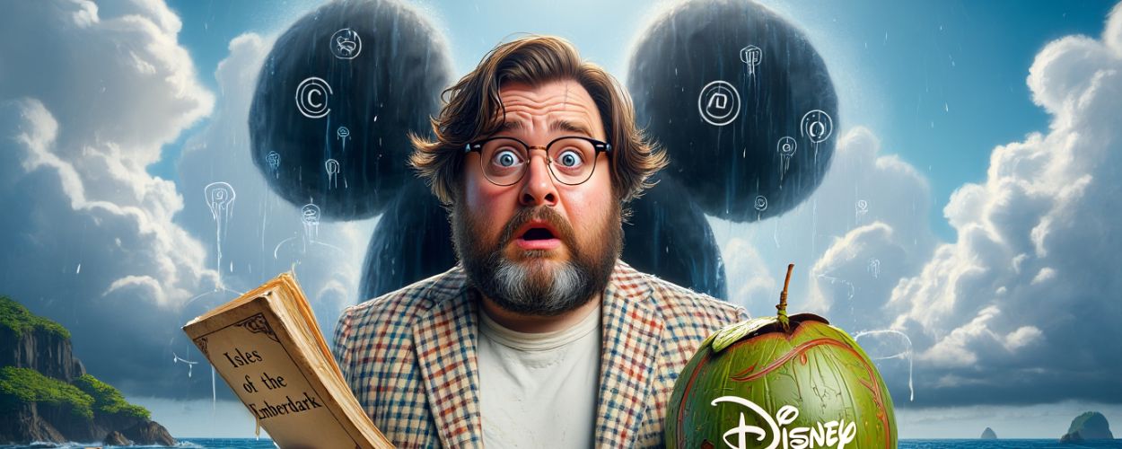 Eine satirische Illustration von Brandon Sanderson als überforderter, nerdiger Mann am tropischen Strand. In der einen Hand hält er ein Manuskript mit dem Titel „Isles of the Emberdark“, in der anderen eine grüne Kokosnuss mit eingeritztem Disney-Logo. Er trägt ein fleckiges T-Shirt unter einem karierten Blazer und blickt erschrocken. Im Hintergrund hängen Mickey-Maus-förmige Gewitterwolken am Himmel, aus denen urheberrechtliche Symbole regnen. Ein Kanu treibt im türkisfarbenen Meer.
