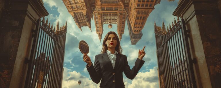 Eine stilvoll gekleidete Frau steht vor einem geöffneten Tor, in der Hand einen Spiegel – über ihr schwebt ein umgekehrtes, surreal verzerrtes Universitätsgebäude. Der Himmel ist klar, aber die Realität hängt schief: Kuangs Katabasis als Symbiose aus akademischer Unterwelt und Hochglanzästhetik.