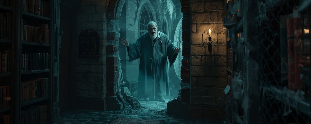 Eine unheimliche Bibliothek öffnet sich zur Unterwelt, ein geisterhafter Professor tritt aus dem Schatten – Sinnbild für R. F. Kuangs Katabasis bei Prime Video.
