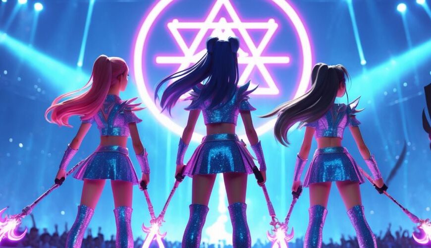 Drei K-Pop-Kriegerinnen in funkelnden Bühnenoutfits stehen mit leuchtenden Speeren auf einer Konzertbühne. Im Hintergrund tobt das Publikum, während ein dämonischer Schatten mit glühenden Augen aus der Dunkelheit hervorlugt. Magische Symbole schweben in der Luft. Die Szene strahlt Energie, Popkultur und Fantasy aus.