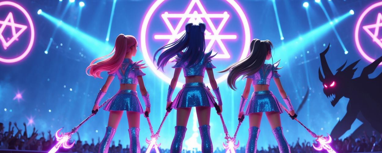 Drei K-Pop-Kriegerinnen in funkelnden Bühnenoutfits stehen mit leuchtenden Speeren auf einer Konzertbühne. Im Hintergrund tobt das Publikum, während ein dämonischer Schatten mit glühenden Augen aus der Dunkelheit hervorlugt. Magische Symbole schweben in der Luft. Die Szene strahlt Energie, Popkultur und Fantasy aus.