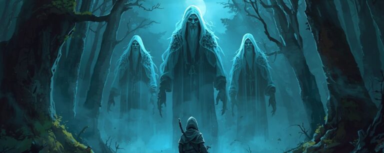 Ein vermummter Wanderer kniet im Nebelwald, vor ihm drei geisterhafte Gestalten in blauem Schimmer – mystisches Keyvisual zu Legend in the Mist.