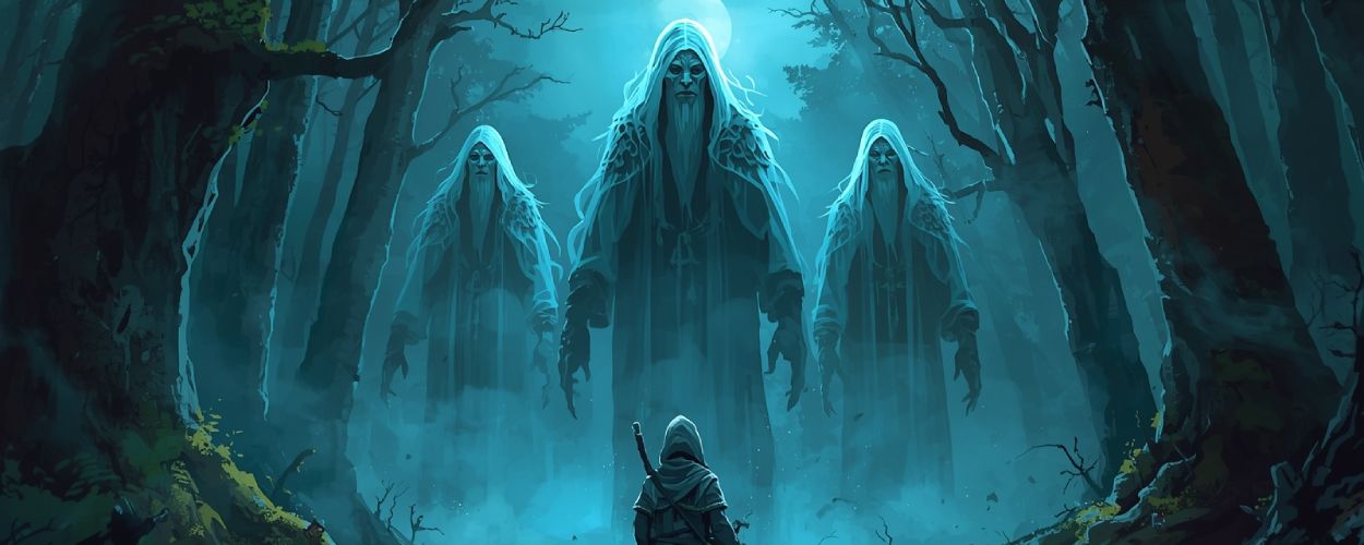 Ein vermummter Wanderer kniet im Nebelwald, vor ihm drei geisterhafte Gestalten in blauem Schimmer – mystisches Keyvisual zu Legend in the Mist.