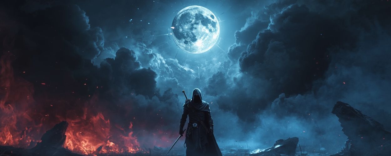 Ein vermummter Krieger steht zwischen brennender Erde und frostiger Finsternis. Über ihm schwebt ein zersprungener Mond – Sinnbild der zwei Reiche in Lords of the Fallen 2.