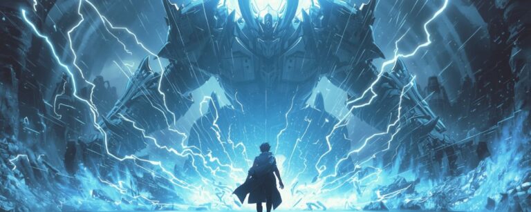 Ein Krieger im langen Mantel betritt eine gewaltige Arena voller blauer Blitze. Vor ihm erhebt sich ein titanischer Bossgegner mit dämonischem Helm, während ringsum Schutt, Licht und Energie explodieren – epischer Showdown in Lost Soul Aside.