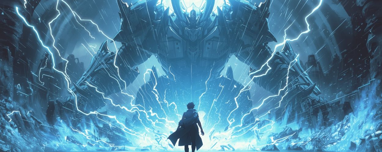 Ein Krieger im langen Mantel betritt eine gewaltige Arena voller blauer Blitze. Vor ihm erhebt sich ein titanischer Bossgegner mit dämonischem Helm, während ringsum Schutt, Licht und Energie explodieren – epischer Showdown in Lost Soul Aside.