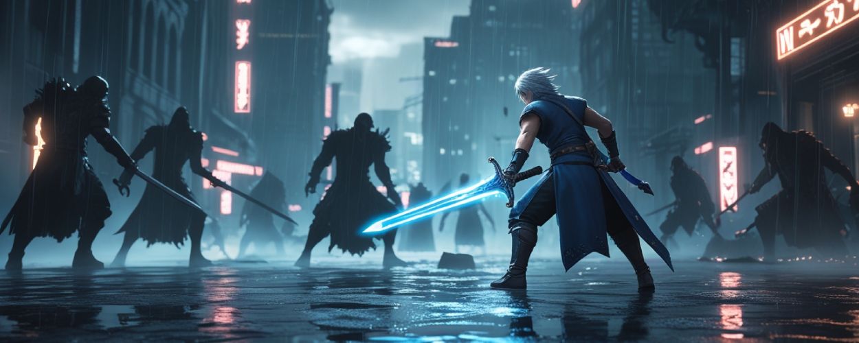 Ein Krieger mit leuchtendem Schwert stellt sich im Regen dunklen Gestalten – Lost Soul Aside als Hommage an Versus XIII.