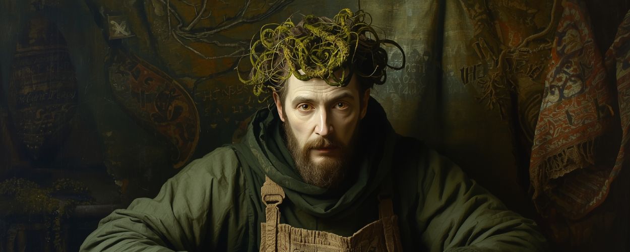 Ein bärtiger Mann in moosgrüner Kleidung sitzt an einem Webstuhl. Aus seiner Kapuze wachsen spiralförmige Moosranken wie eine Krone. Der Blick ist ruhig, aber intensiv. Im Hintergrund: verwobene Textilien mit Glyphen, Wurzeln und verblassten Mustern. Die Szene wirkt archaisch und mystisch.