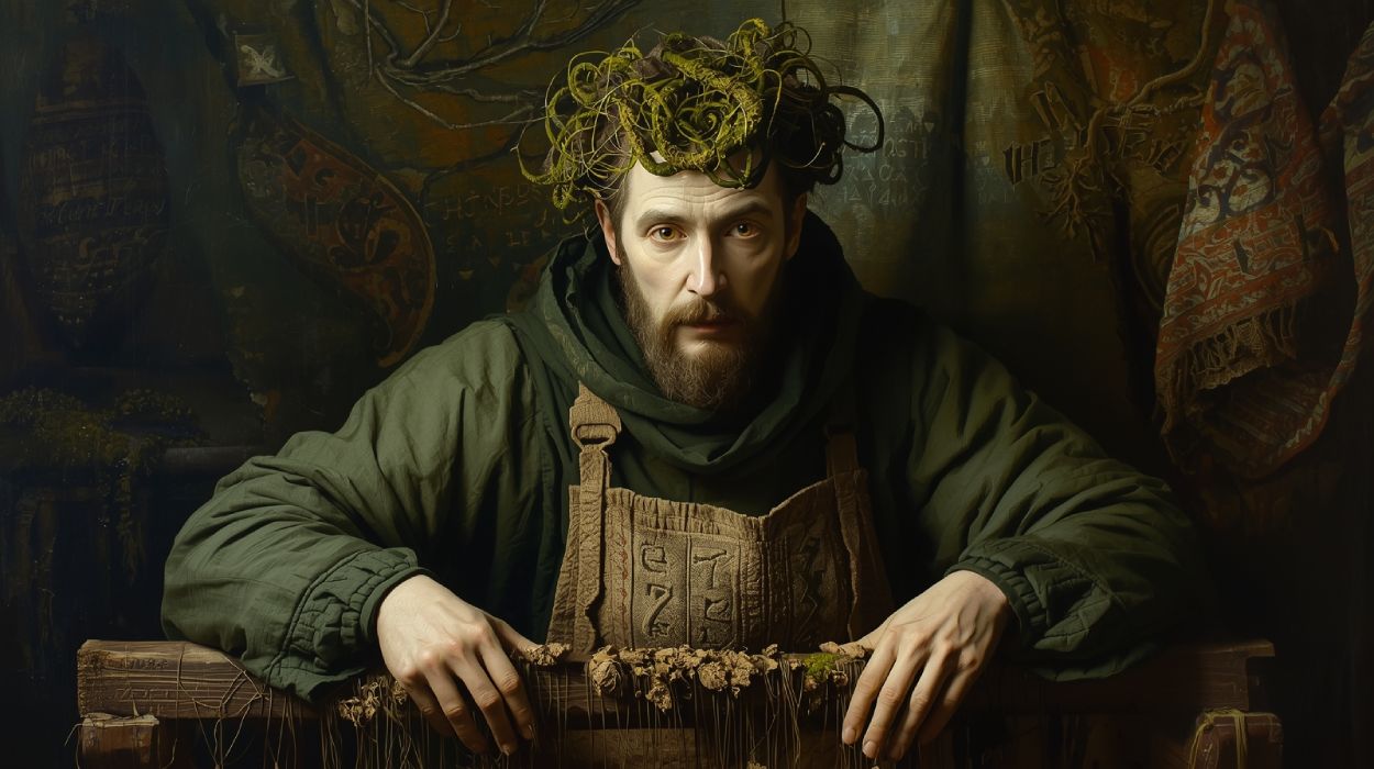 Ein barockes Porträt eines Paares mit moosbewachsenen Hochperücken. Beide Figuren tragen 18. Jh.-Kleidung, ihre Augen leuchten unnatürlich. Der Hintergrund zeigt ein überwuchertes Fenster mit Pilzbewuchs. Die Szene wirkt geheimnisvoll und übernatürlich.