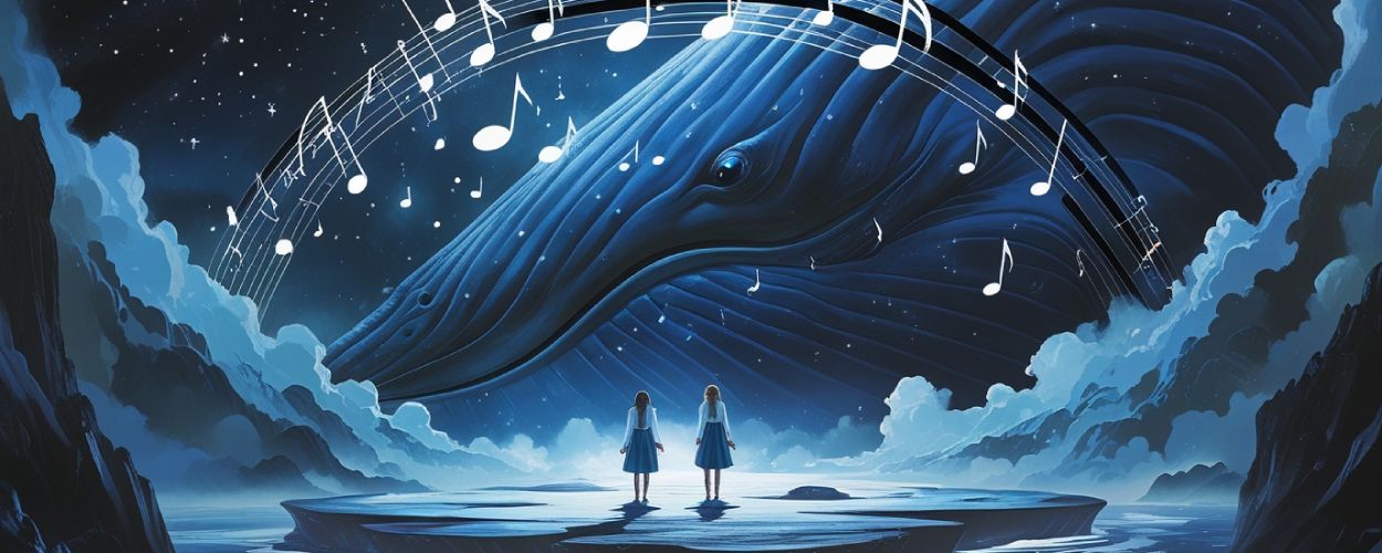 Zwei Schwestern stehen auf einer schwebenden Insel, während im Hintergrund ein gigantischer Wal und schwebende Notenbögen eine surreale Traumlandschaft bilden – The Mad Sisters of Esi.