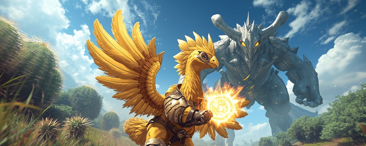Ein Chocobo in goldener Rüstung sprintet durch eine wuchernde Fantasy-Wildnis. In der Klaue eine magische Kugel, im Hintergrund erhebt sich der gigantische Bossgegner Omega Planetes – bedrohlich, mechanisch, Final-Fantasy-pur. Ringsum stachelige Kaktoren und dynamisches Licht.