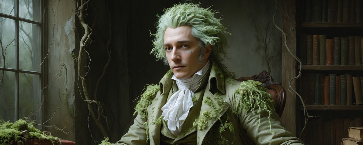 Ein barocker Mann mit moosbewachsener Kleidung sitzt in einem Sessel vor einem Fenster. Seine Perücke ist grünlich, das Gesicht blass. Neben ihm liegt ein Pergament mit der Aufschrift „Contrat Sporal“. Im Hintergrund: alte Bücher, überwuchert von Moos und Ranken.