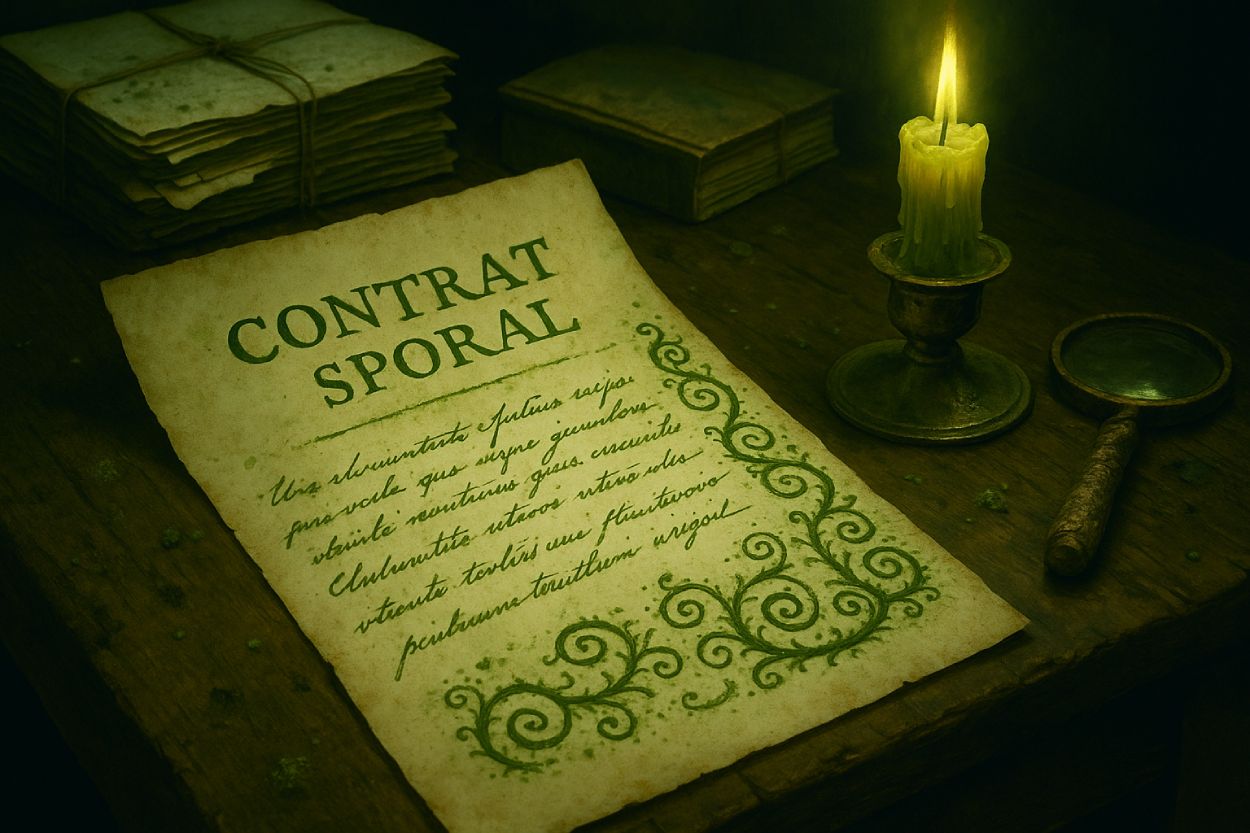 Ein verwittertes Manuskript mit dem Titel „Contrat Sporal“ liegt auf einem alten Holztisch. Die Schrift ist in grüner Tinte verfasst, eingerahmt von spiralförmigen Moosornamenten. Daneben stehen eine grünlich brennende Kerze, eine Lupe und alte Aktenstapel. Die Szene ist in dunkles, mystisches Licht getaucht.