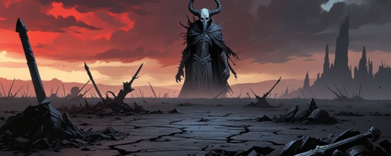 Düstere Fantasy-Illustration im Magic-the-Gathering-Stil: Mor’Zeghoul, ein gewaltiger, gehörnter Kriegsherr mit Totenschädelmaske, steht auf schwarzem, rissigem Boden unter einem blutroten Himmel, umgeben von zerbrochenen Waffen und verfallenen Schlachtfeldern.
