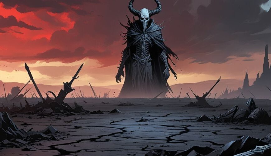 Düstere Fantasy-Illustration im Magic-the-Gathering-Stil: Mor’Zeghoul, ein gewaltiger, gehörnter Kriegsherr mit Totenschädelmaske, steht auf schwarzem, rissigem Boden unter einem blutroten Himmel, umgeben von zerbrochenen Waffen und verfallenen Schlachtfeldern.