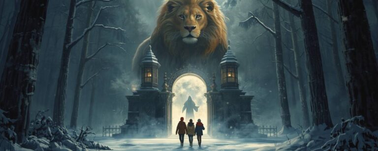 Epische Narnia-Szene: verschneiter Wald mit Laterne und Portal, majestätischer Löwe Aslan im Hintergrund, drei Kinder treten hindurch, Weiße Hexe als Silhouette.