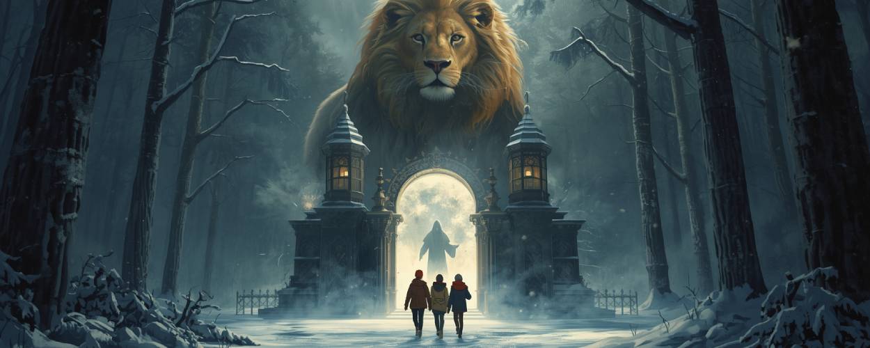 Epische Narnia-Szene: verschneiter Wald mit Laterne und Portal, majestätischer Löwe Aslan im Hintergrund, drei Kinder treten hindurch, Weiße Hexe als Silhouette.