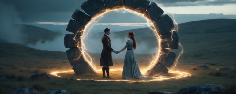 Ein leuchtender Steinkreis in den Highlands trennt ein Liebespaar aus der Edwardianischen Epoche – eine Szene voller Magie, Zeitriss und Outlander-Romantik.