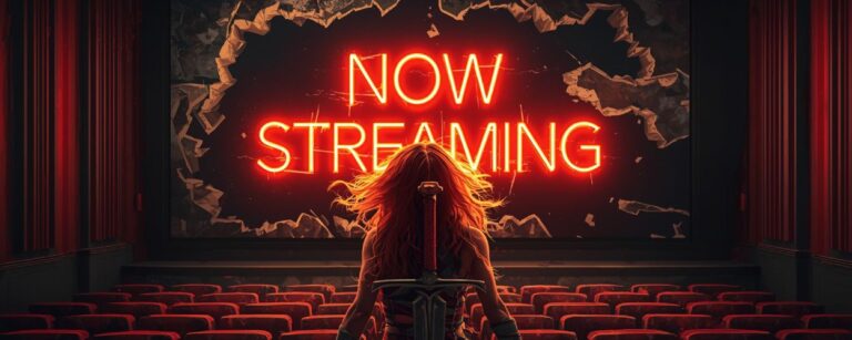 Eine rotgelockte Barbarin mit Schwert steht in leeren Kinosesseln vor einer zerschmetterten Leinwand mit „Now Streaming“ – Sinnbild für den Red-Sonja-Flop.