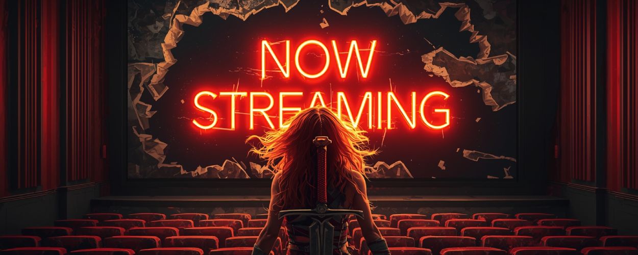Eine rotgelockte Barbarin mit Schwert steht in leeren Kinosesseln vor einer zerschmetterten Leinwand mit „Now Streaming“ – Sinnbild für den Red-Sonja-Flop.