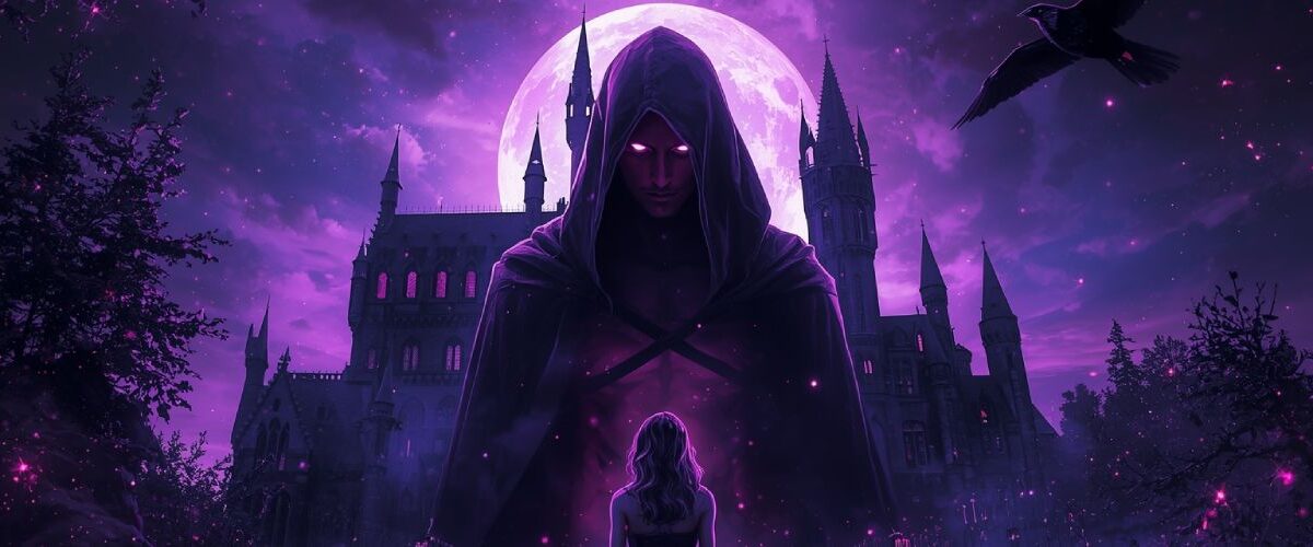Eine junge Frau in einem langen Kleid steht im Mondlicht vor einer düsteren Burg, während eine riesige Kapuzengestalt mit leuchtenden Augen über ihr thront. Eine überzeichnete Szene im kitschigen Romantasy-Stil.