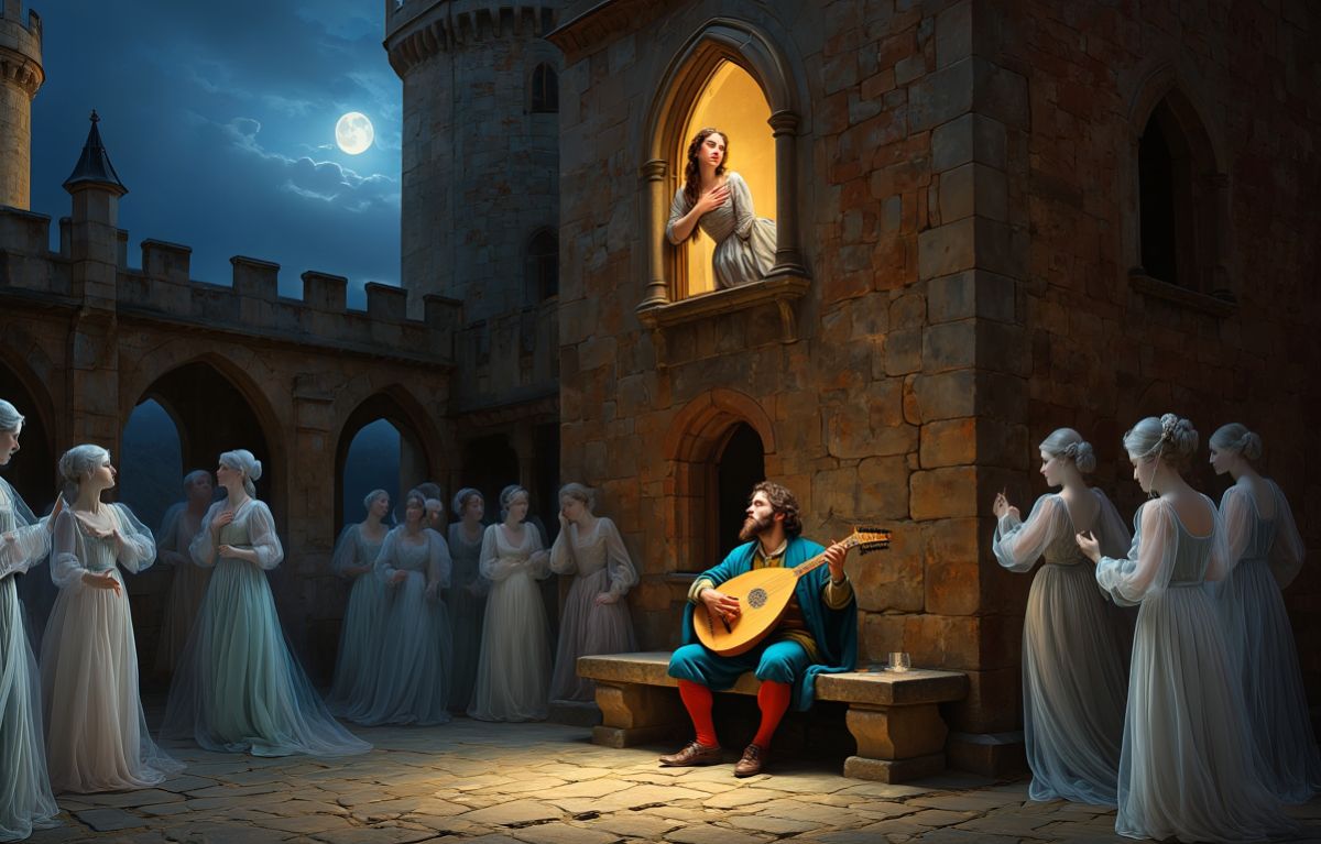 Ein mittelalterlicher Minnesänger sitzt in einem Burghof und spielt Laute für eine Frau am Fenster, während eine Gruppe weiß gekleideter Frauen ihn andächtig umringt. Eine bildhafte Szene der romantischen Tradition, die Romantasy vorbereitet.