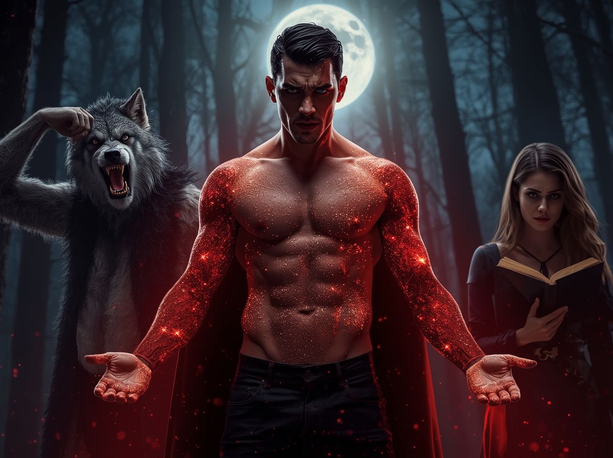 Ein übernatürlich muskulöser Mann mit glühenden Armen posiert im Mondlicht eines Waldes, flankiert von einem heulenden Werwolf und einer jungen Frau, die in ein Buch starrt. Eine überzeichnete Parodie typischer Romantasy-Cover.