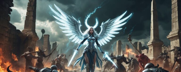 Seraphim-Kriegerin mit leuchtenden Energieflügeln und Zwillingsklingen kämpft in den brennenden Ruinen von Ancaria gegen Dämonen und gepanzerte Feinde – epische Szene aus dem Sacred 2 Remaster.