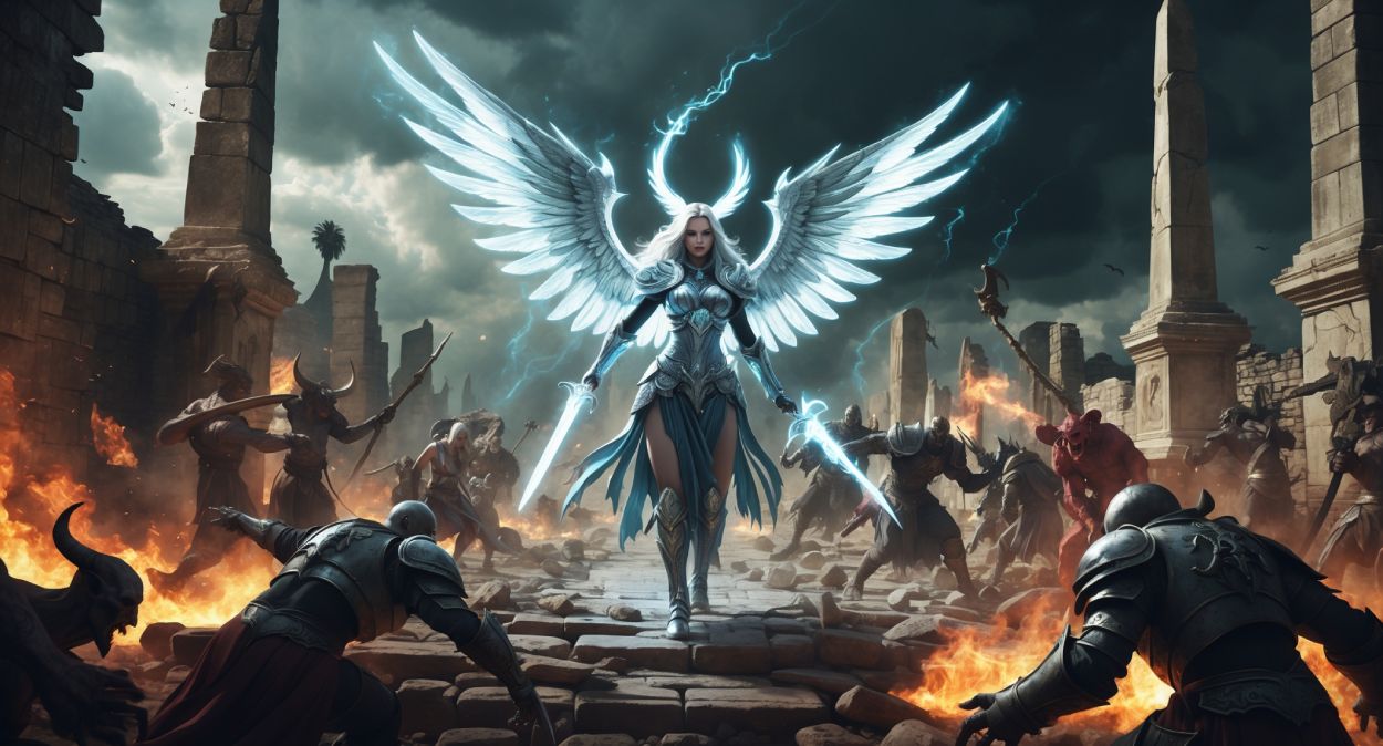 Seraphim-Kriegerin mit leuchtenden Energieflügeln und Zwillingsklingen kämpft in den brennenden Ruinen von Ancaria gegen Dämonen und gepanzerte Feinde – epische Szene aus dem Sacred 2 Remaster.