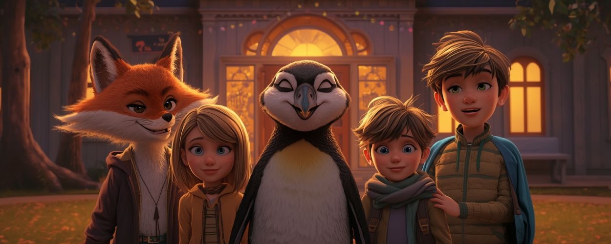 Kinder mit ihren sprechenden Tieren, darunter ein Fuchs und ein Pinguin, stehen vor der leuchtenden Wintersteinschule – Szene im Stil von Die Schule der magischen Tiere 4.