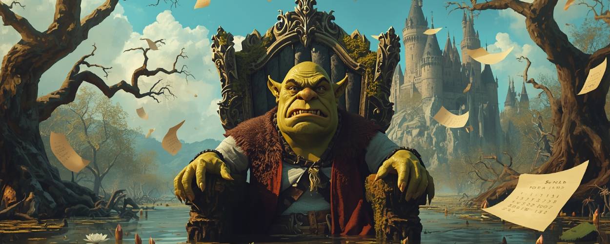 Grimmig dreinblickender grüner Oger auf einem Sumpfthron, umgeben von fliegenden Kalenderblättern, im Hintergrund ein Märchenschloss – Shrek 5 Verschiebung.